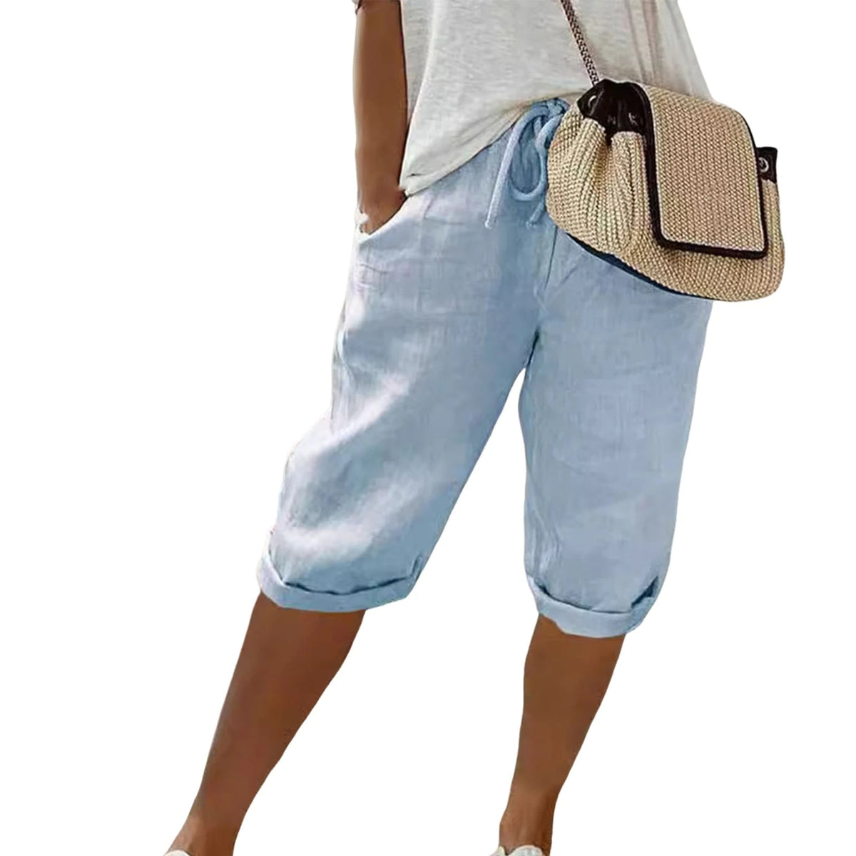 Vintage Knee-Length Pants with Elastic Waist and Pockets