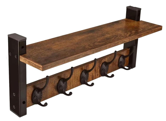 Wall-Mounted Coat Rack with Shelf and 5 Metal Hooks