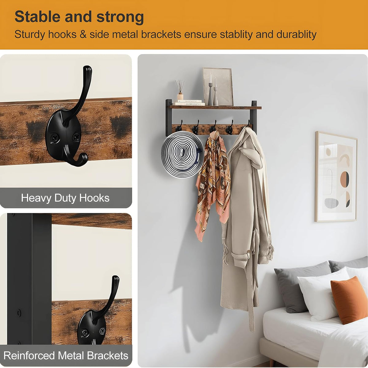 Wall-Mounted Coat Rack with Shelf and 5 Metal Hooks