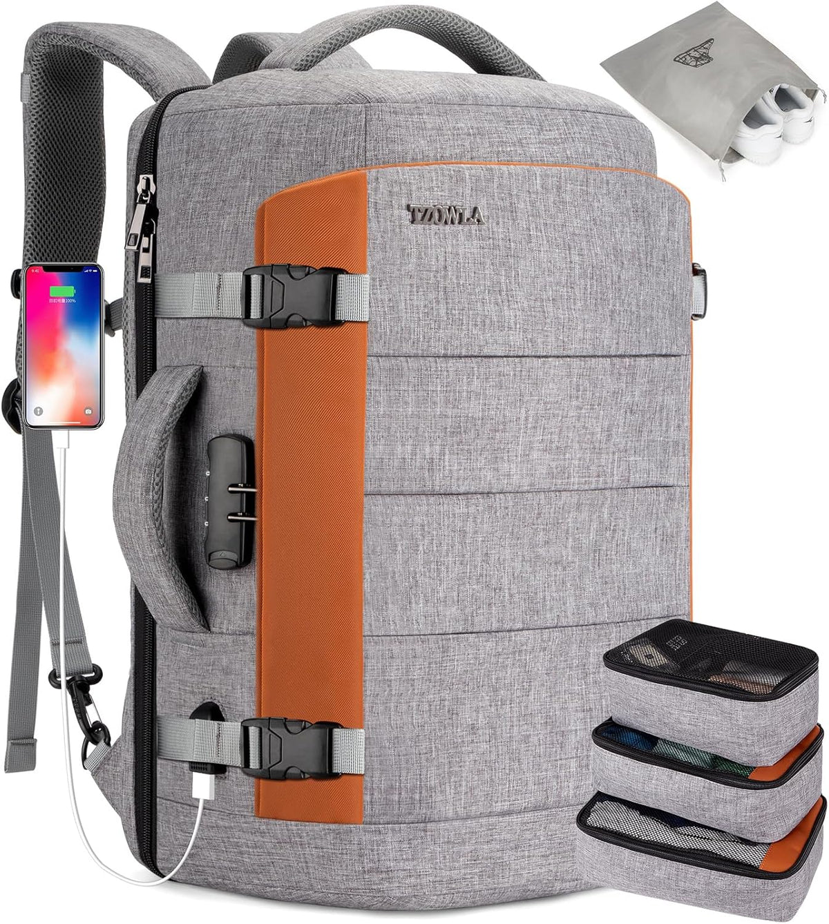 Water-Resistant Travel Laptop Backpack with USB Port & Anti-Theft Lock - 40L