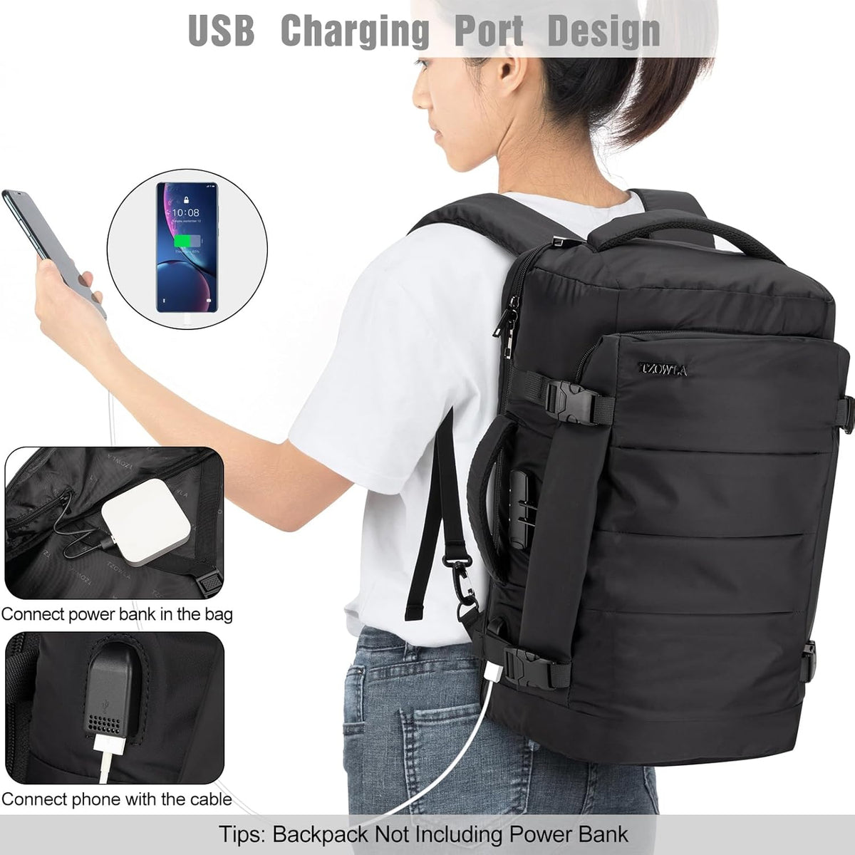 Water-Resistant Travel Laptop Backpack with USB Port & Anti-Theft Lock - 40L