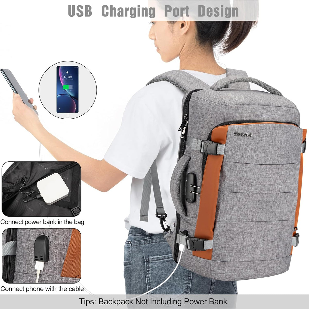 Water-Resistant Travel Laptop Backpack with USB Port & Anti-Theft Lock - 40L