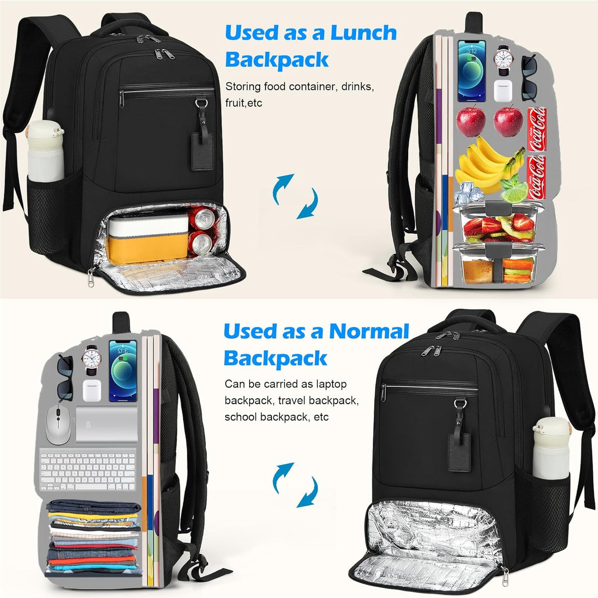 Waterproof Laptop and Lunch Backpack with USB Port - Multi-Compartment Travel Bag
