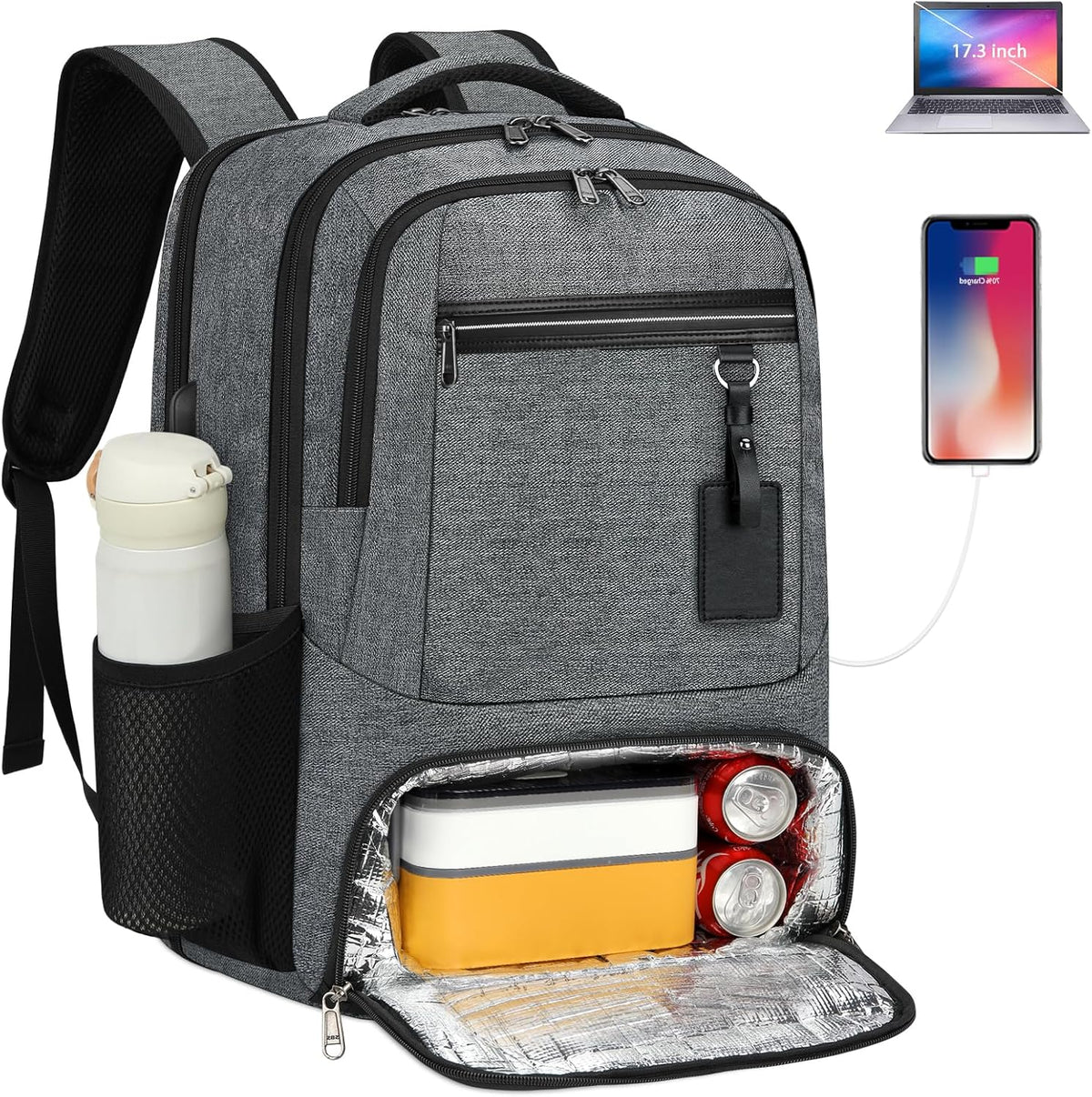 Waterproof Laptop and Lunch Backpack with USB Port - Multi-Compartment Travel Bag