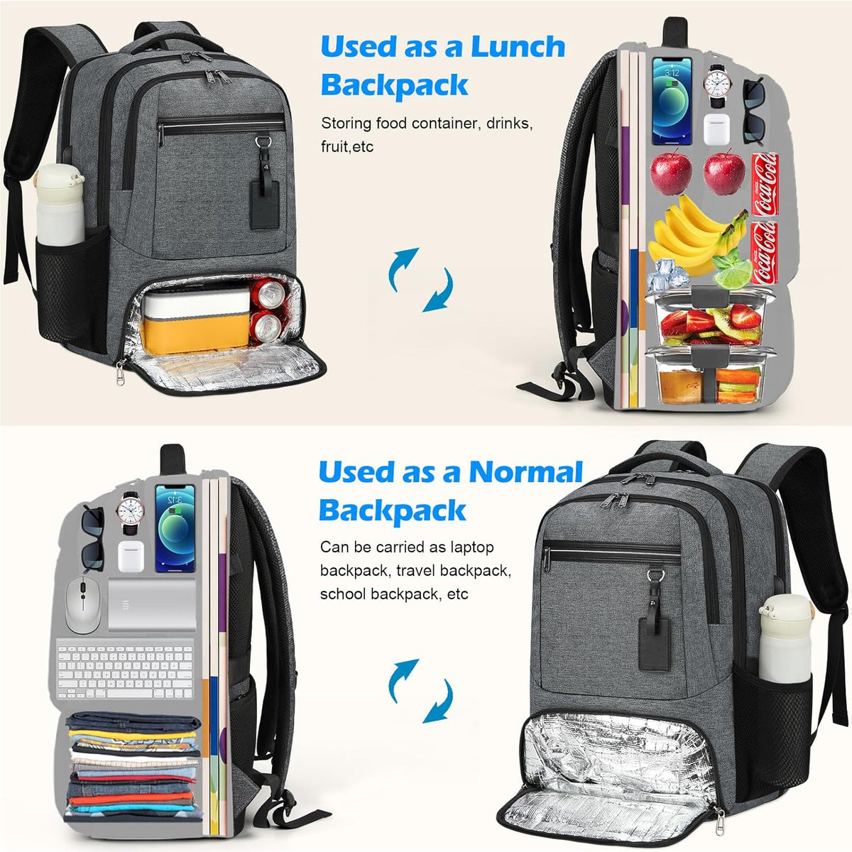 Waterproof Laptop and Lunch Backpack with USB Port - Multi-Compartment Travel Bag