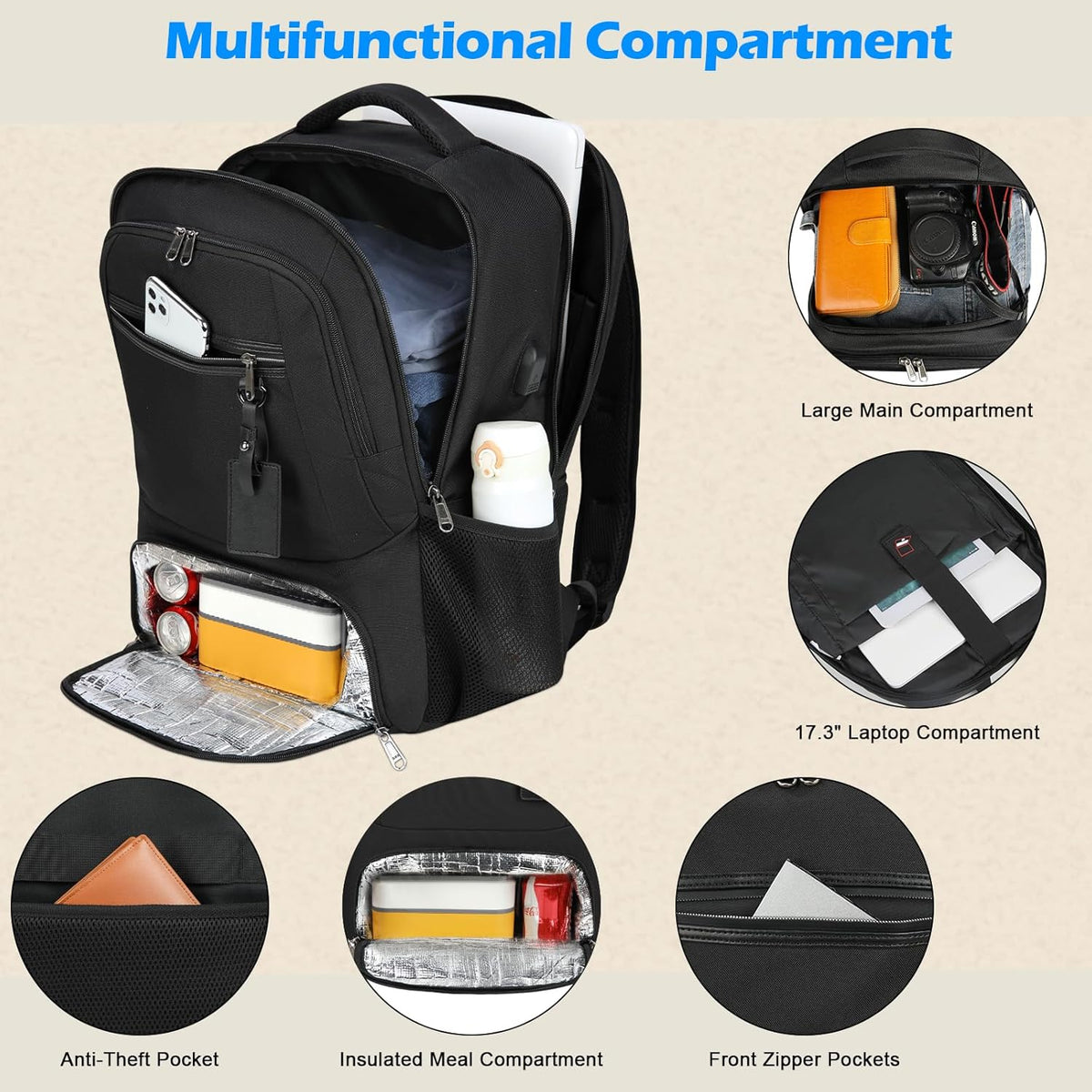 Waterproof Laptop and Lunch Backpack with USB Port - Multi-Compartment Travel Bag