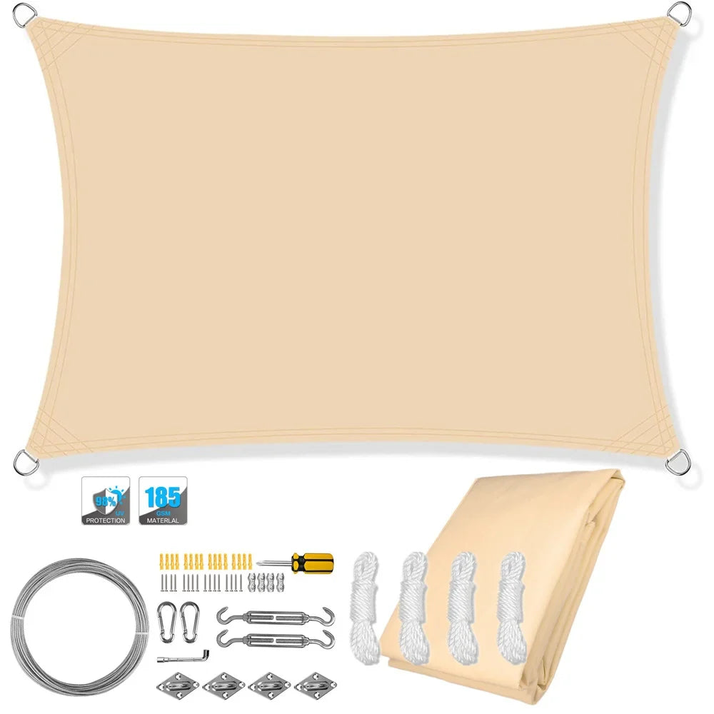 Waterproof Rectangular Sun Shade Sail with UV Protection and Hardware Kit