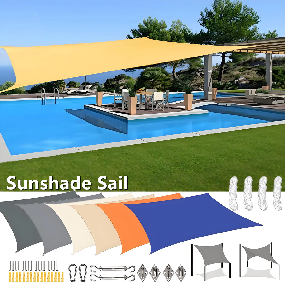 Waterproof Rectangular Sun Shade Sail with UV Protection and Hardware Kit