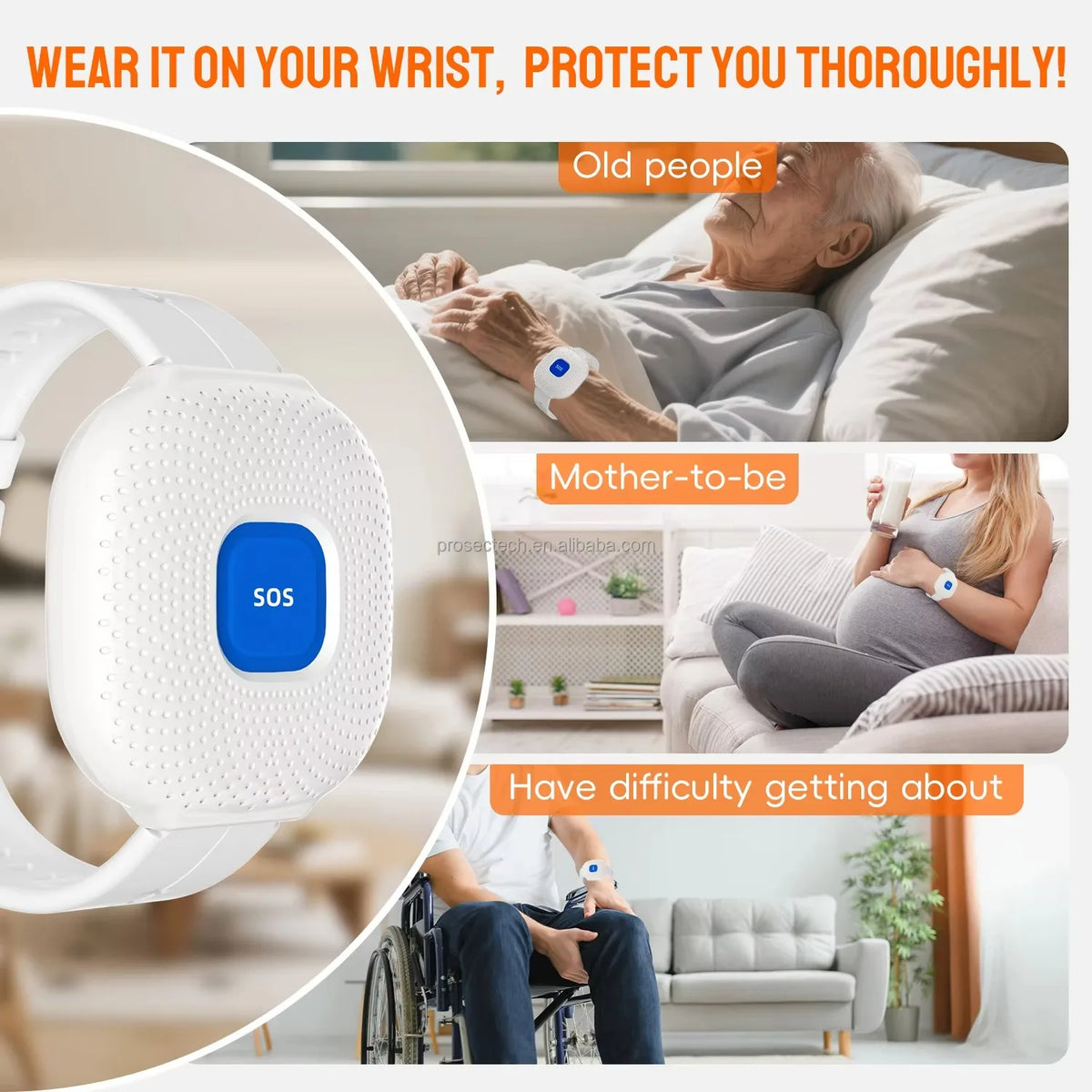 Waterproof WiFi SOS Emergency Watch with App Push Alerts - USB Rechargeable - Black & White