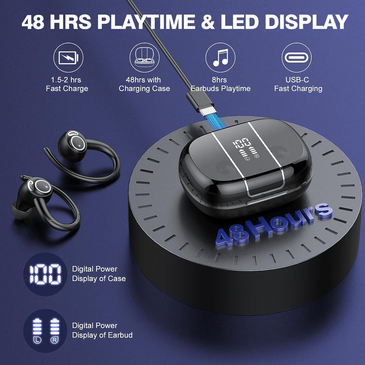 Wireless Bluetooth 5.3 Sports Earbuds with Noise Reduction and 48-Hour Playtime