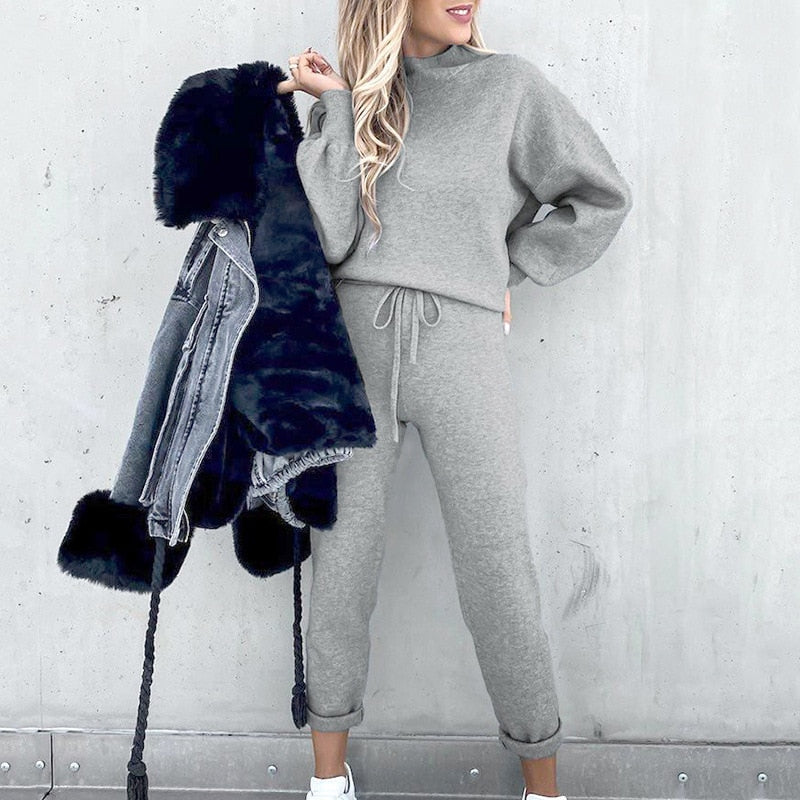 Women's 2-Piece Loungewear Set with Balloon Sleeves and Adjustable Waist