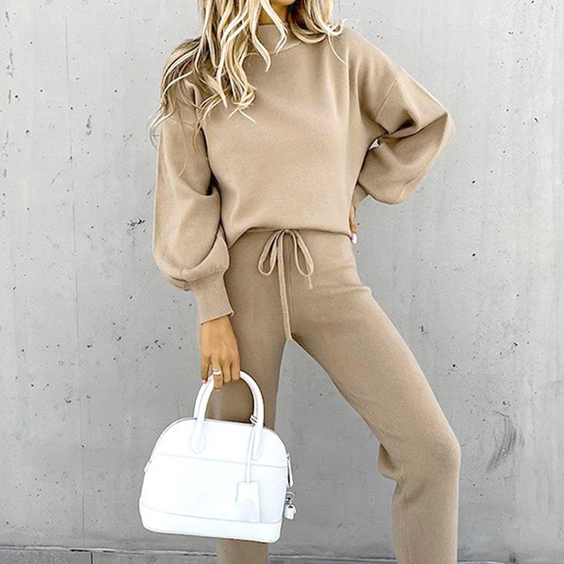 Women's 2-Piece Loungewear Set with Balloon Sleeves and Adjustable Waist