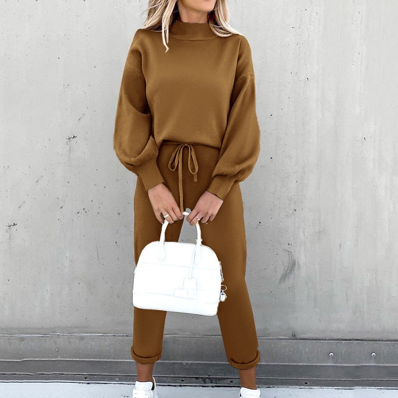 Women's 2-Piece Loungewear Set with Balloon Sleeves and Adjustable Waist