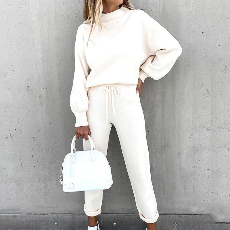 Women's 2-Piece Loungewear Set with Balloon Sleeves and Adjustable Waist
