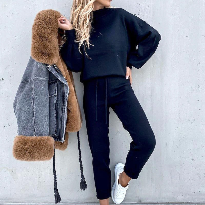 Women's 2-Piece Loungewear Set with Balloon Sleeves and Adjustable Waist