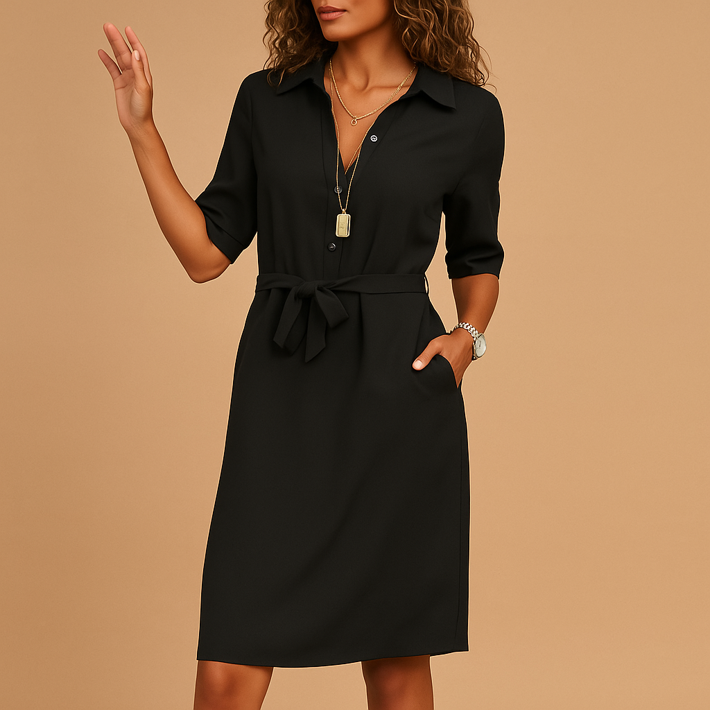 Women's Belted 3/4 Sleeve V-Neck Mini Shirt Dress