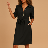 Women's Belted 3/4 Sleeve V-Neck Mini Shirt Dress