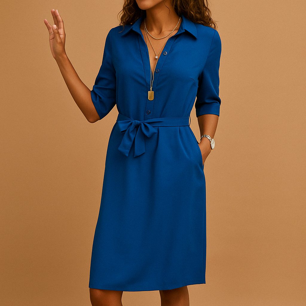 Women's Belted 3/4 Sleeve V-Neck Mini Shirt Dress