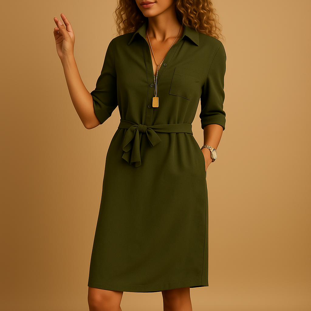 Women's Belted 3/4 Sleeve V-Neck Mini Shirt Dress