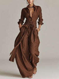 Women's Belted Long-Sleeve Shirt Collar Jumpsuit