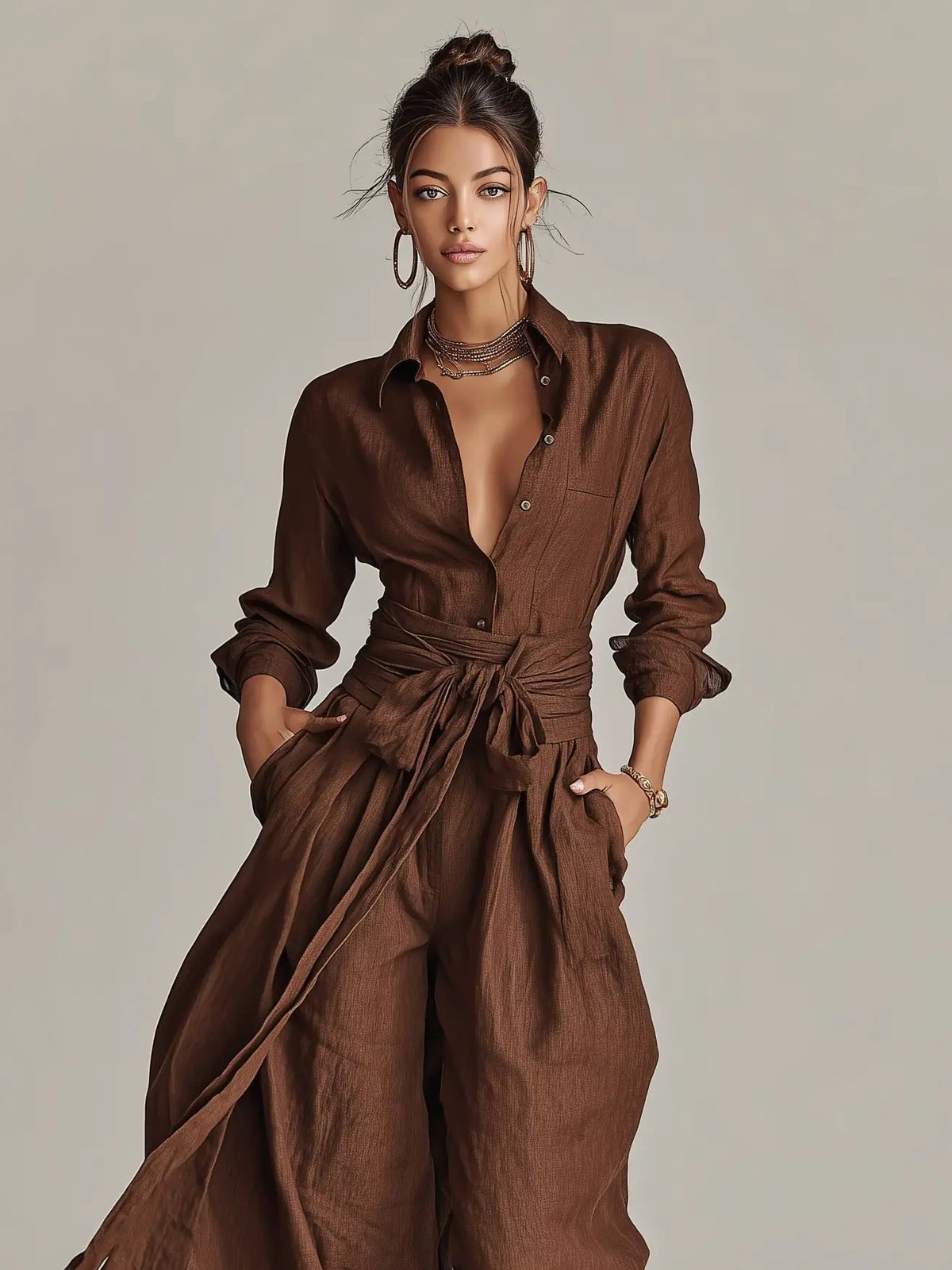 Women's Belted Long-Sleeve Shirt Collar Jumpsuit