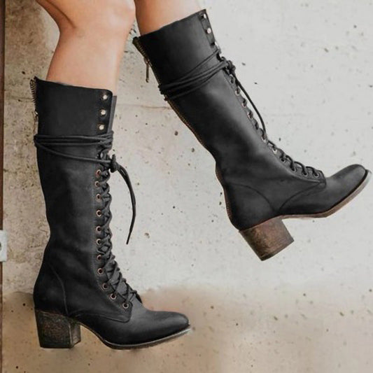 Women's Black Lace-Up Knee-High Boots