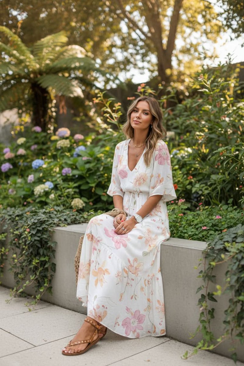 Women's Bohemian Floral Maxi Evening Gown with V-Neck and Adjustable Waist