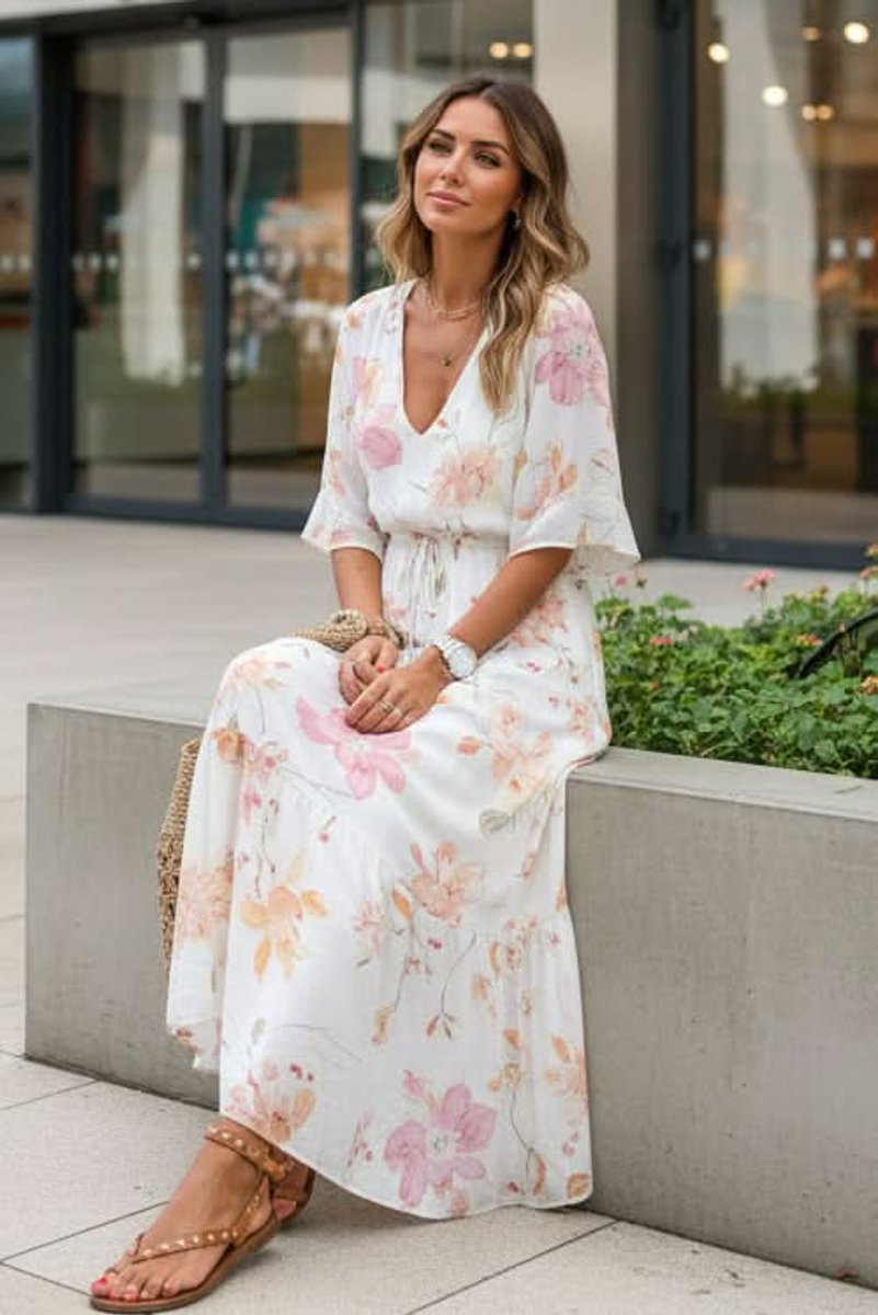 Women's Bohemian Floral Maxi Evening Gown with V-Neck and Adjustable Waist