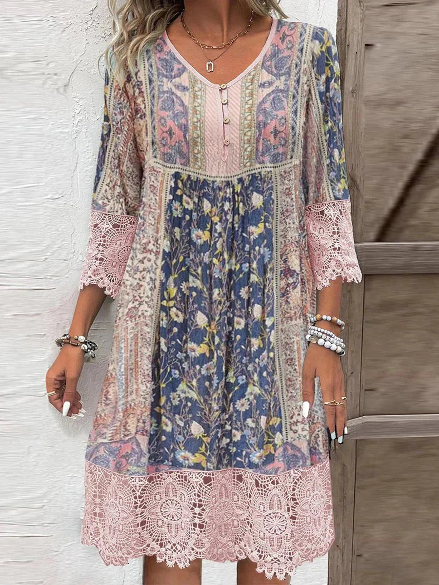 Women's Bohemian Floral-Trim V-Neck Tunic Dress