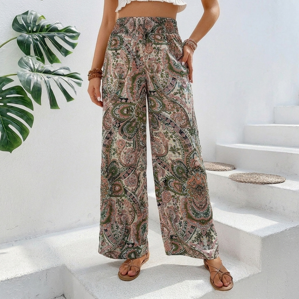Women's Bohemian Wide-Leg Trousers with Slanted Pockets