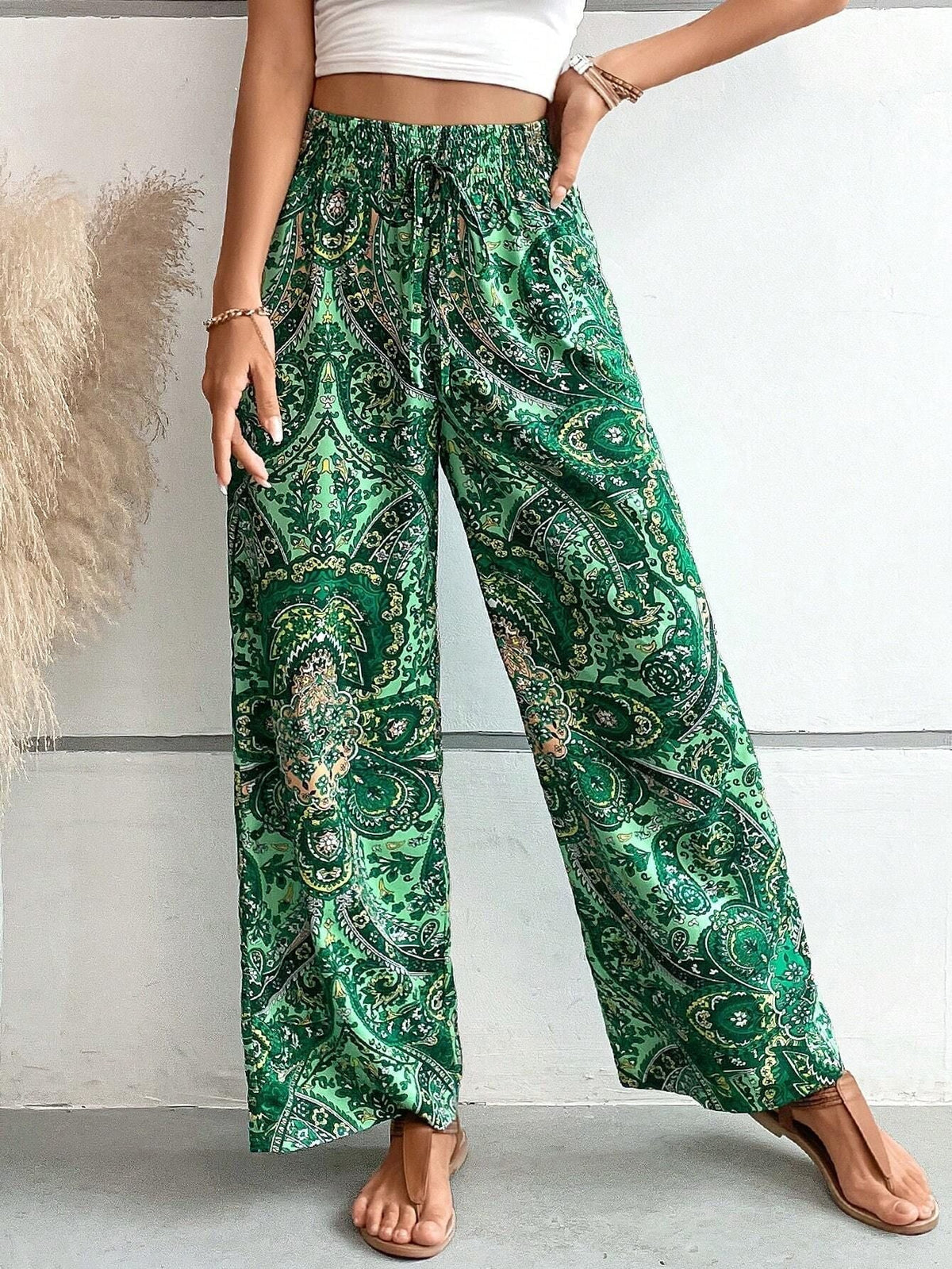 Women's Bohemian Wide-Leg Trousers with Slanted Pockets