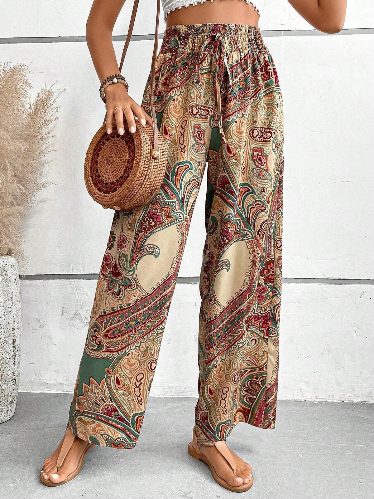 Women's Bohemian Wide-Leg Trousers with Slanted Pockets