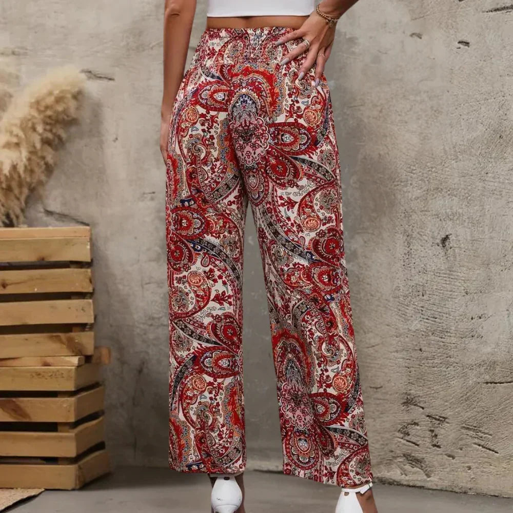 Women's Bohemian Wide-Leg Trousers with Slanted Pockets