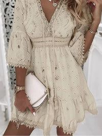Women's Boho Eyelet V-Neck Bell Sleeve Mini Dress