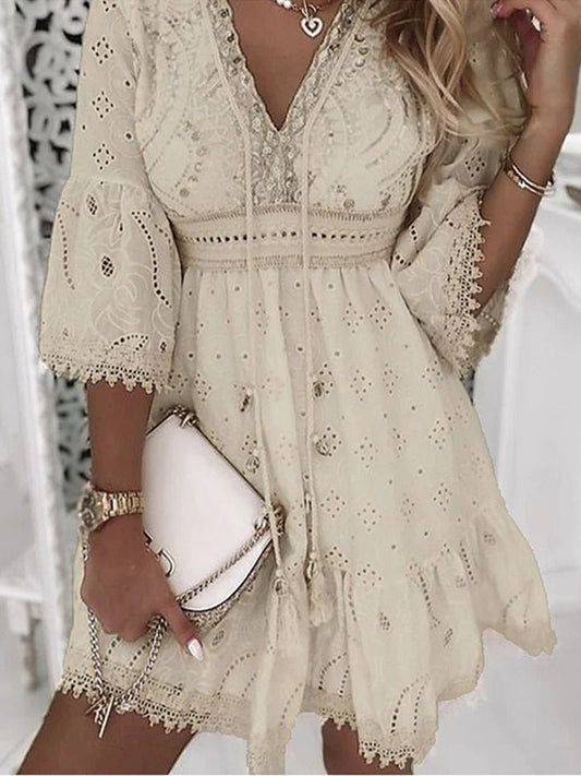 Women's Boho Eyelet V-Neck Bell Sleeve Mini Dress