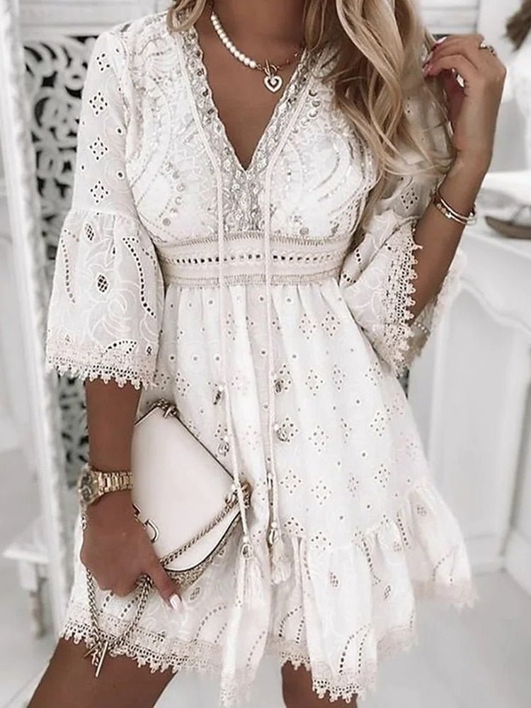 Women's Boho Eyelet V-Neck Bell Sleeve Mini Dress