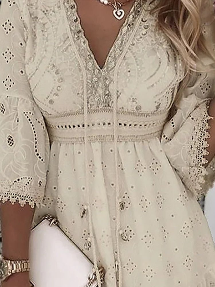 Women's Boho Eyelet V-Neck Bell Sleeve Mini Dress