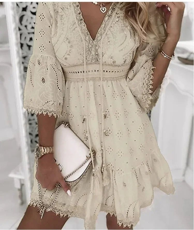 Women's Boho Eyelet V-Neck Bell Sleeve Mini Dress
