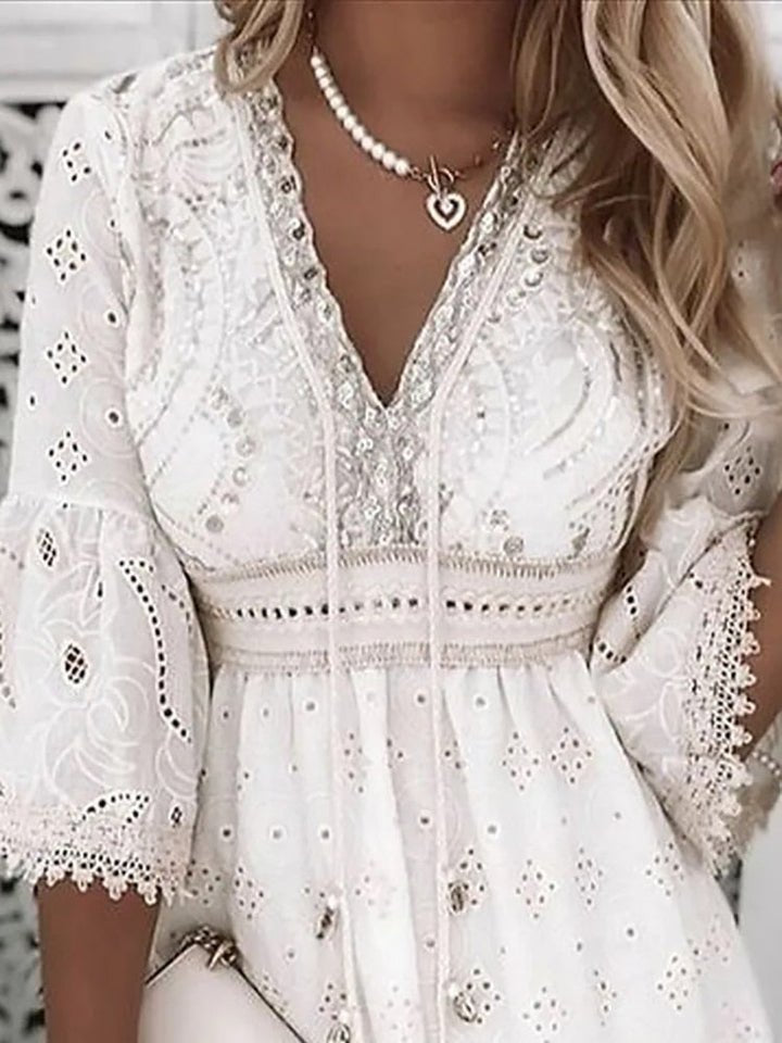 Women's Boho Eyelet V-Neck Bell Sleeve Mini Dress