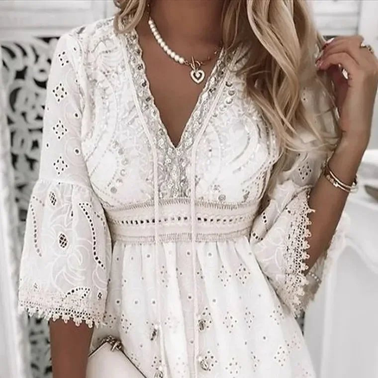 Women's Boho Eyelet V-Neck Bell Sleeve Mini Dress