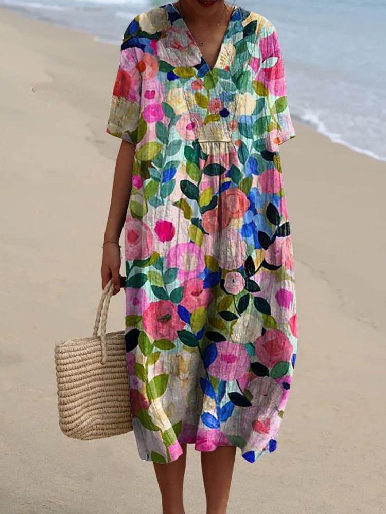 Women's Boho V-Neck Short-Sleeve Relaxed Midi Dress
