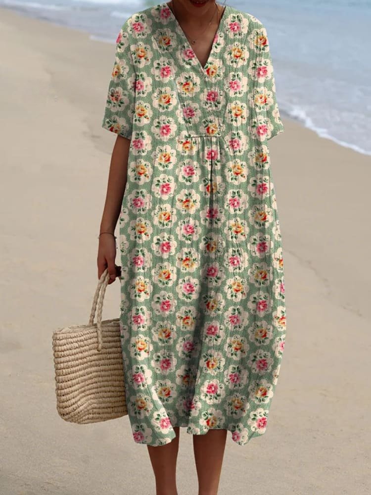 Women's Boho V-Neck Short-Sleeve Relaxed Midi Dress