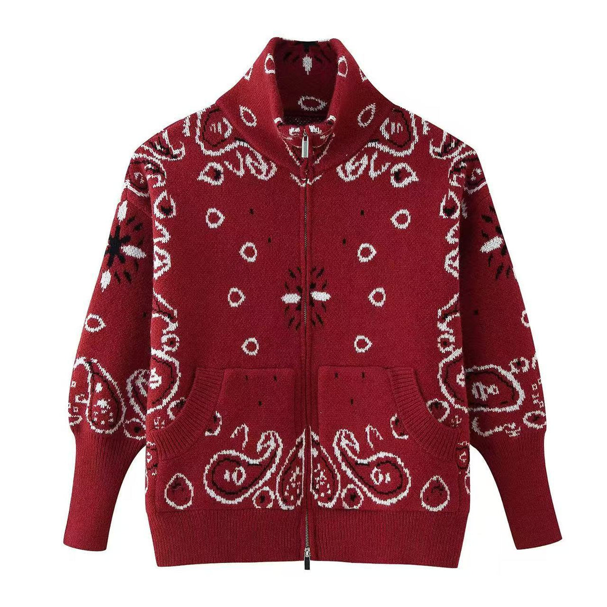 Women's Chunky-Knit Zip-Up Cardigan with Paisley Jacquard, Stand Collar and Pockets