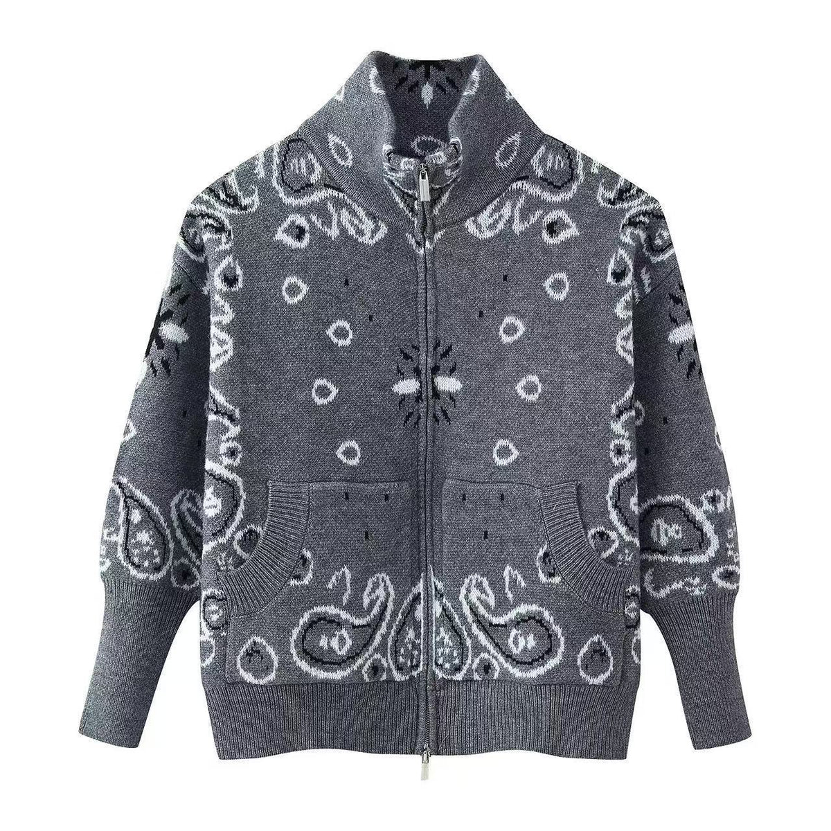 Women's Chunky-Knit Zip-Up Cardigan with Paisley Jacquard, Stand Collar and Pockets