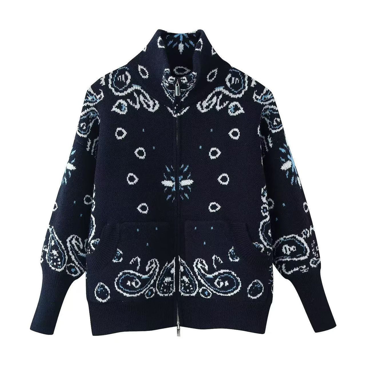 Women's Chunky-Knit Zip-Up Cardigan with Paisley Jacquard, Stand Collar and Pockets