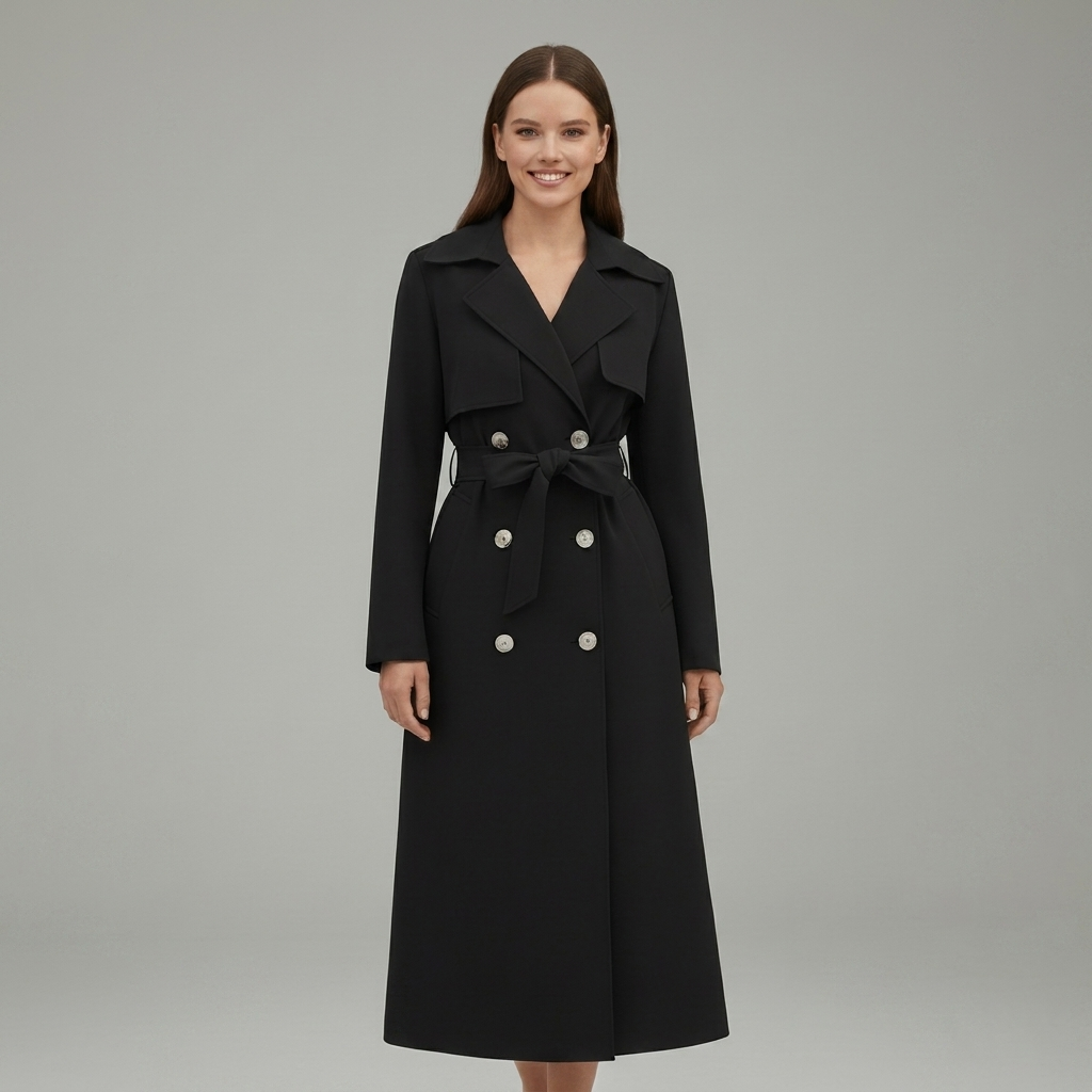 Women's Classic Long Trench Coat with Belt and Button Front