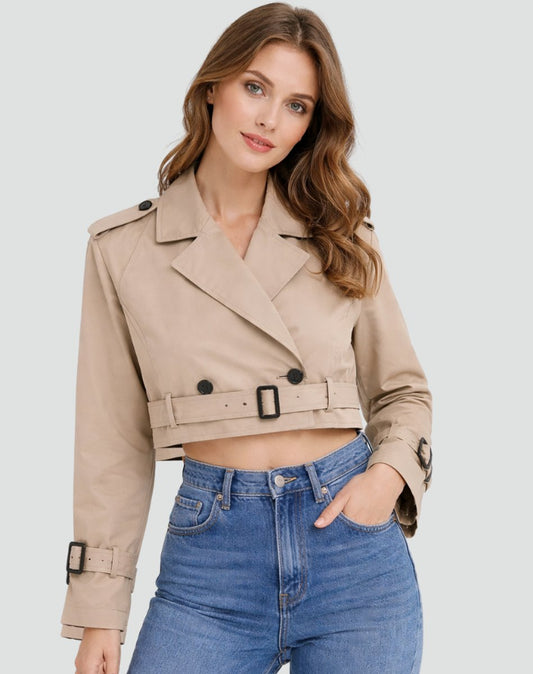 Women's Cropped Double-Breasted Belted Trench Jacket