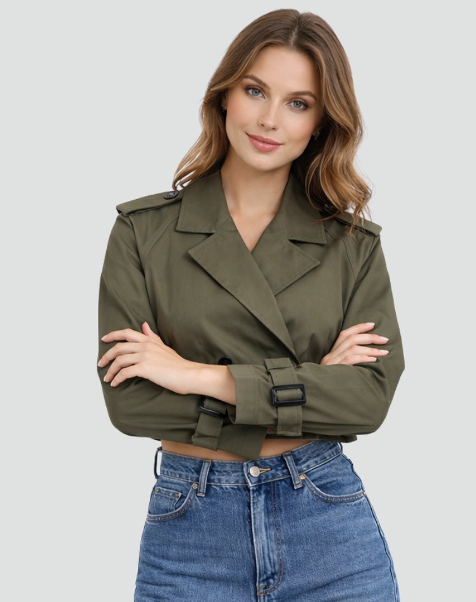 Women's Cropped Double-Breasted Belted Trench Jacket