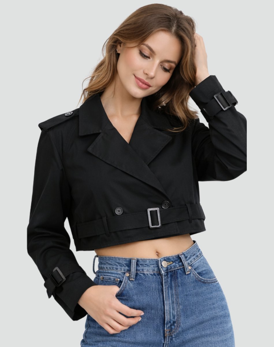 Women's Cropped Double-Breasted Belted Trench Jacket