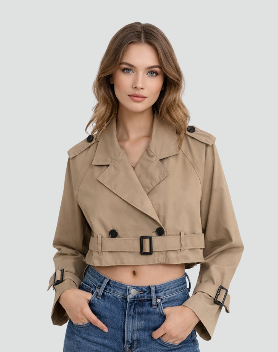 Women's Cropped Double-Breasted Belted Trench Jacket